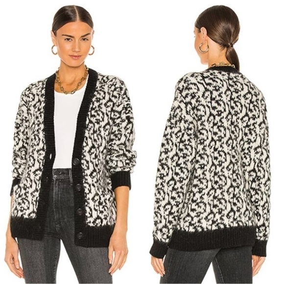 New MOTHER Alpaca Animal Print Oversized Blend Knit Cardigan Black&White size L